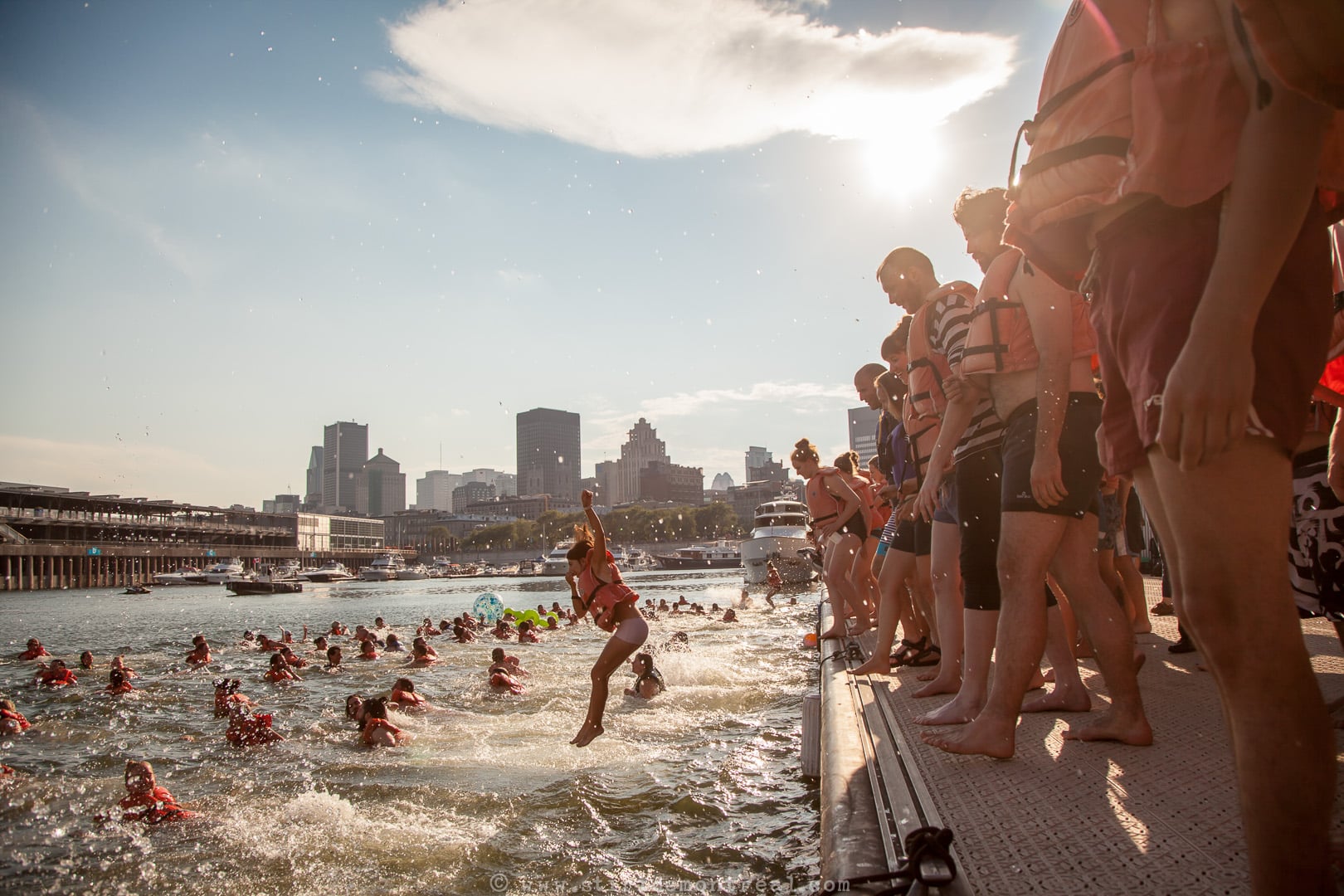 Des gens sautent à l'eau au Vieux-Port de Montréal