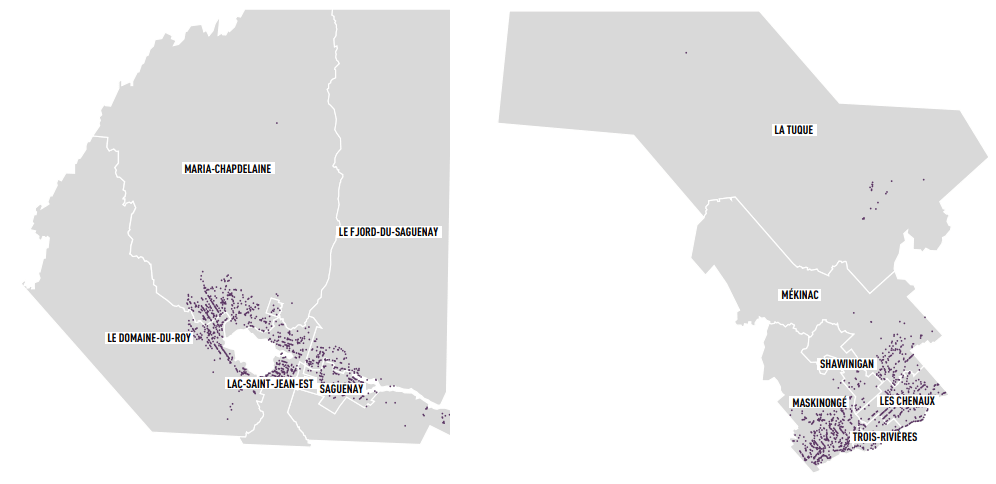 Répartition des exploitations agricoles dans les régions du Saguenay-Lac-Saint-Jean (à gauche) et de la Mauricie (à droite)